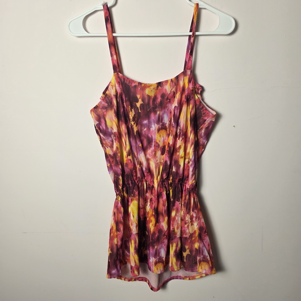 Relativity Pink Yellow Floral Tank Top Size M Ruffle Neck Cinched Waist - Picture 2 of 5